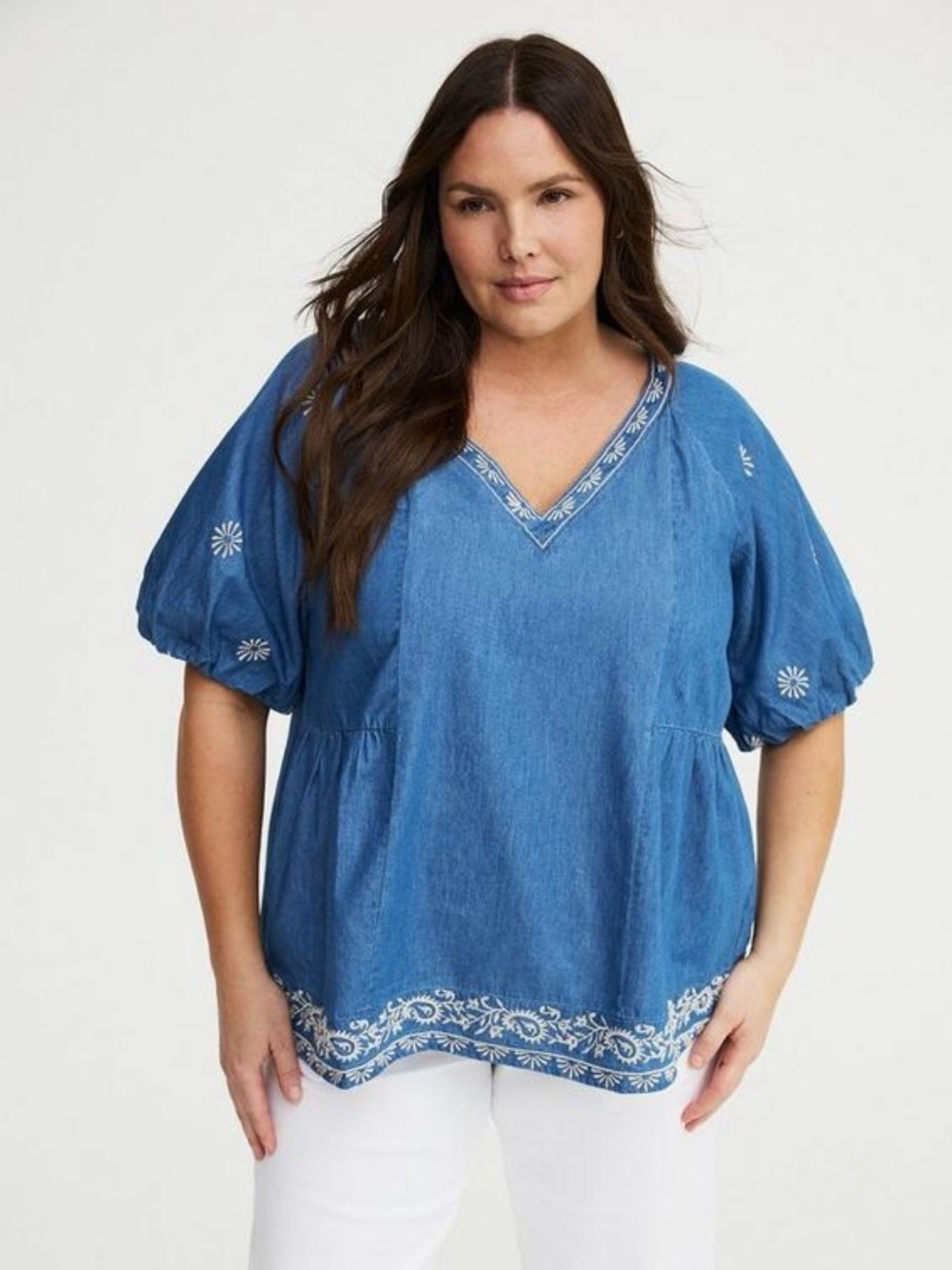 Torrid Belle Isle Chambray Embroidered  V-Neck Bubble Sleeve Top